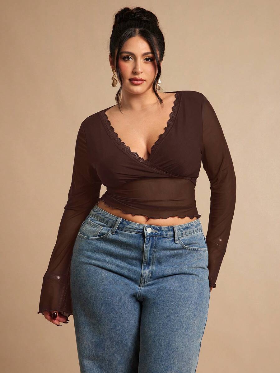 SHEIN BAE 大码女式纯色网纱蕾丝拼接长袖性感上衣，可作内衣或外套 - 咖啡棕 - 查看 1