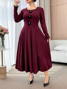 Feyla 大码女式撞色蕾丝圆领长袖蝴蝶结装饰优雅长裙 - 彩色 - 查看 1