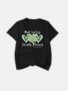 SHEIN LUNE 女士加大码爱心、字母和三叶草图案圆领短袖T恤，休闲款，Not Lucky Simply Romans 4:78 图案T恤，女士上衣 - 黑色 - 查看 3