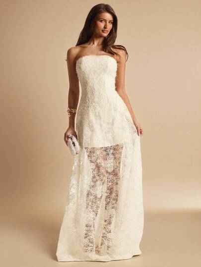 SHEIN BAE 杏色提花无肩带修身长款优雅伞裙，蕾丝连衣裙，婚礼宾客礼服，早午餐礼服，优雅社交礼服，夏季连衣裙，约会之夜礼服，生日派对礼服，海滩度假礼服，夏季连衣裙