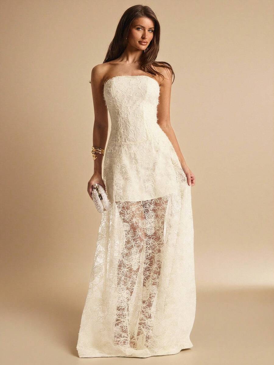 SHEIN BAE 杏色提花无肩带修身长款优雅伞裙，蕾丝连衣裙，婚礼宾客礼服，早午餐礼服，优雅社交礼服，夏季连衣裙，约会之夜礼服，生日派对礼服，海滩度假礼服，夏季连衣裙 - 杏色 - 查看 1