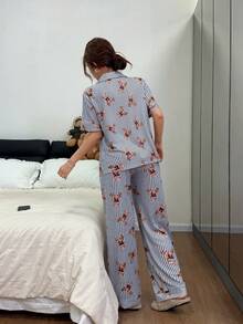 SHEIN Napfluff Women's Casual Loose Striped Bear Print Lapel Short Sleeve Pajama Set - Blue - View 3