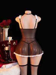 Valentine's Day Women's Sexy Lingerie Set: Hollow Out Ruffle Bell Nightgown, Fishnet Stockings & Choker, 5pcs