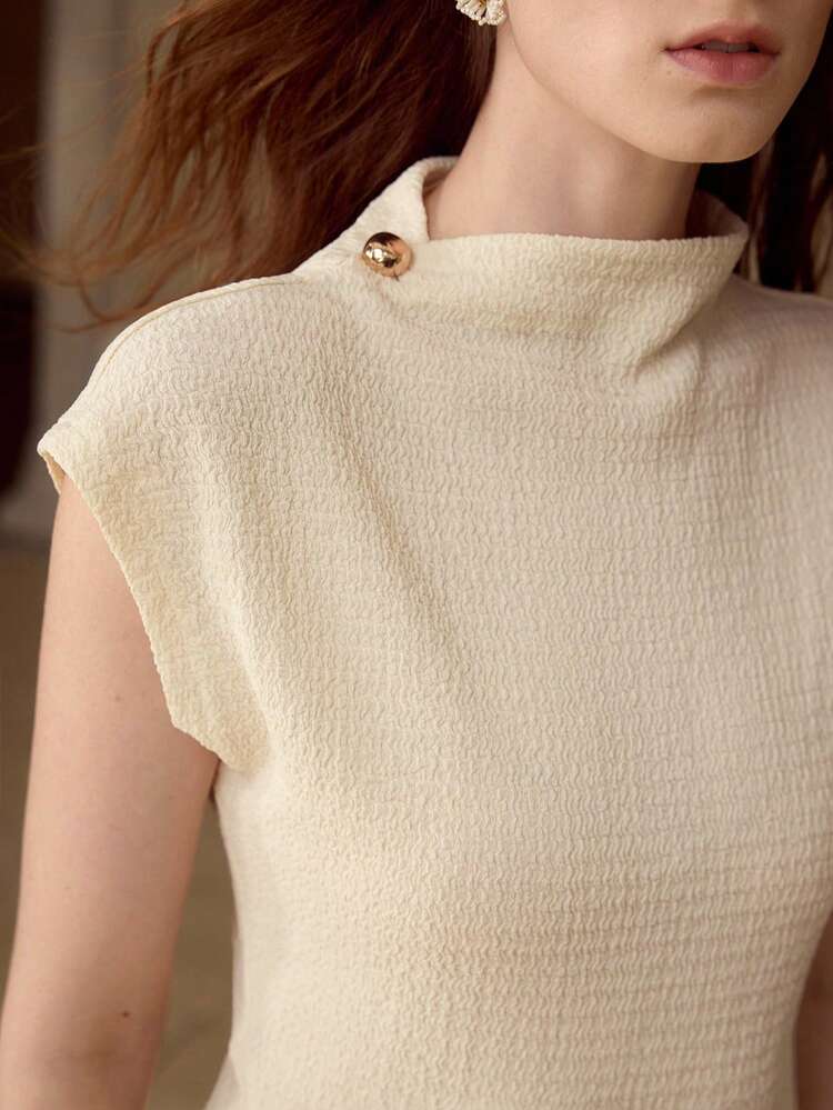ELEGANT STAND COLLAR FITTED WAIST STRETCHY TEXTURED T-SHIRT