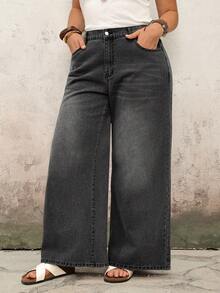 SHEIN Tall CURVE 高个子加大码春夏度假女式宽松口袋阔腿休闲舒适黑色直筒牛仔裤 - 黑色 - 查看 4