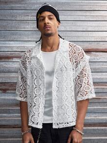 AXEPEAK Men's Hollow Out Short Sleeve Single-Breasted Fashionable Shirt - White - View 4