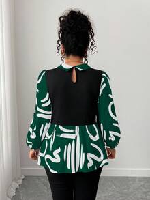 Elenzga Camisa Plus Size Casual para Uso Diário com Mangas Lanterna - Verde - Ver 2