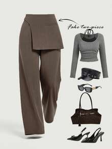 SHEIN MOD Pantalones formales con superposición de color gris oscuro para mujer de talla grande, adecuados para la temporada de regreso a la escuela, ropa de trabajo en otoño/invierno - Marrón - Ver 1