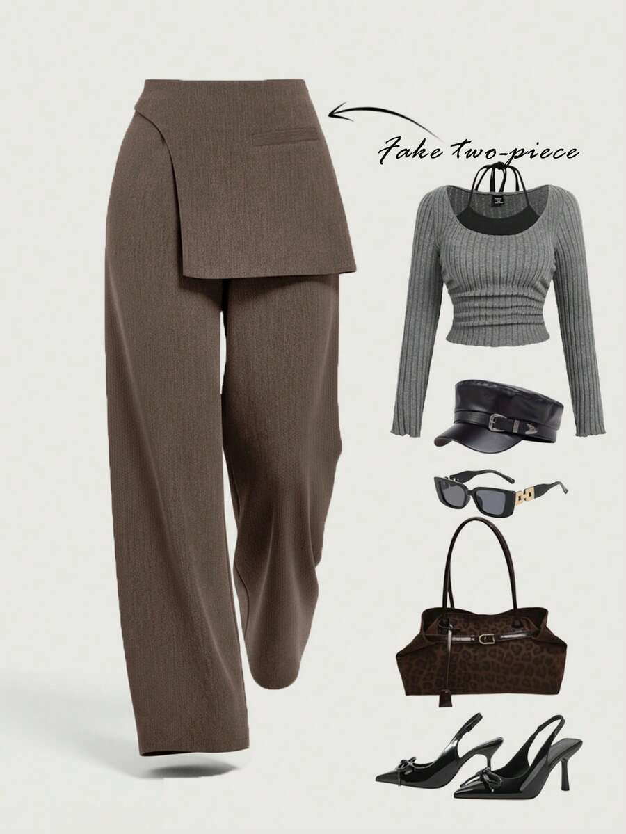 SHEIN MOD Pantalones formales con superposición de color gris oscuro para mujer de talla grande, adecuados para la temporada de regreso a la escuela, ropa de trabajo en otoño/invierno - Marrón - Ver 1