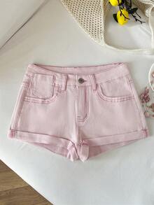 Elamini Y2K 女士低腰弹力束口水洗牛仔短裤 - 淺粉色 - 查看 3