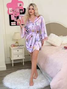 The Winx X SHEIN Women's Comfortable Contrast Lace Allover Print Robe, Autumn - Multicolor - View 1