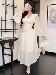 DAZY Đầm dài xòe cổ chữ V, thắt eo, giúp tôn dáng cho nữ, thích hợp mặc mùa hè. - Màu be - Xem 6