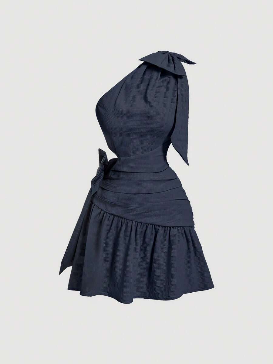 SHEIN MOD Summer Asymmetrical Neck Bow Knot Cropped High-Low Dress - Navy Blue - View 1
