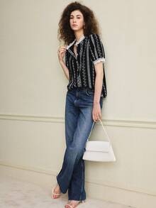 Écloséra 新款优雅休闲纯色圆领荷叶边短泡泡袖透明纽扣女式衬衫，春夏款 - 黑色 - 查看 2