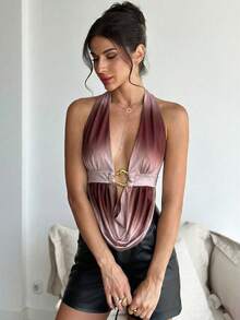 Aloruh Top elegant și sexy pentru femei, cu imprimeu batik și cataramă metalică, cu mânecă lungă, pentru primăvară, pentru ieșiri în oraș, pentru vară, pentru vacanțe de vară - Multicolor - Vizualizare 7