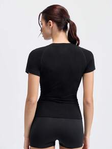 Loungeista 1件女士褶皱胸衣，竹纤维短袖修身塑形上衣，显瘦透气舒适T恤 - 黑色 - 查看 2
