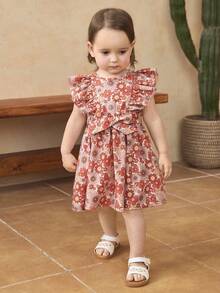 SHEIN 女婴碎花荷叶边休闲连衣裙 - 彩色 - 查看 3