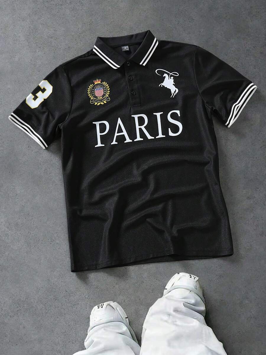 PAVTROS Men's Casual Paris Print Short Sleeve Polo Shirt - Black - View 1