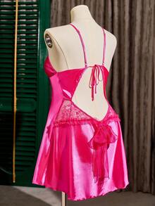 SilkySpell Áo ngủ gợi cảm cỡ lớn với viền ren, chất liệu giả lụa, lưng khoét sâu, thiết kế thắt nơ. - Màu Hồng Tươi - Xem 7