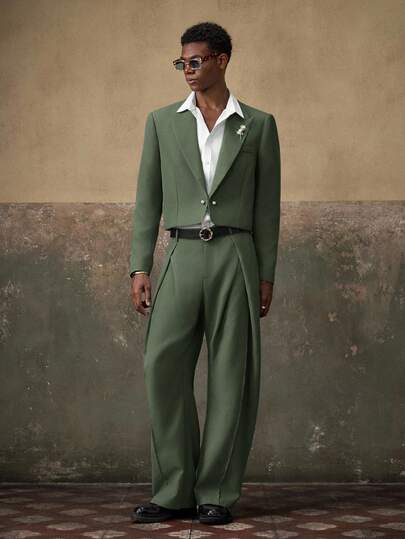 AKNOTIC 2pcs Men's Woven Casual Loose Fit Long Sleeve Jacket And Straight Leg Pants Set