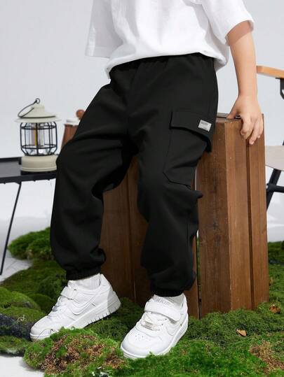 SHEIN Tween Boys' Casual Sports Graphic Print Pockets Loose Fit Drawstring Cargo Pants, Suitable For Commuting, School, Daily Casual, Travel, Sports, Spring/Summer/Autumn/Winter