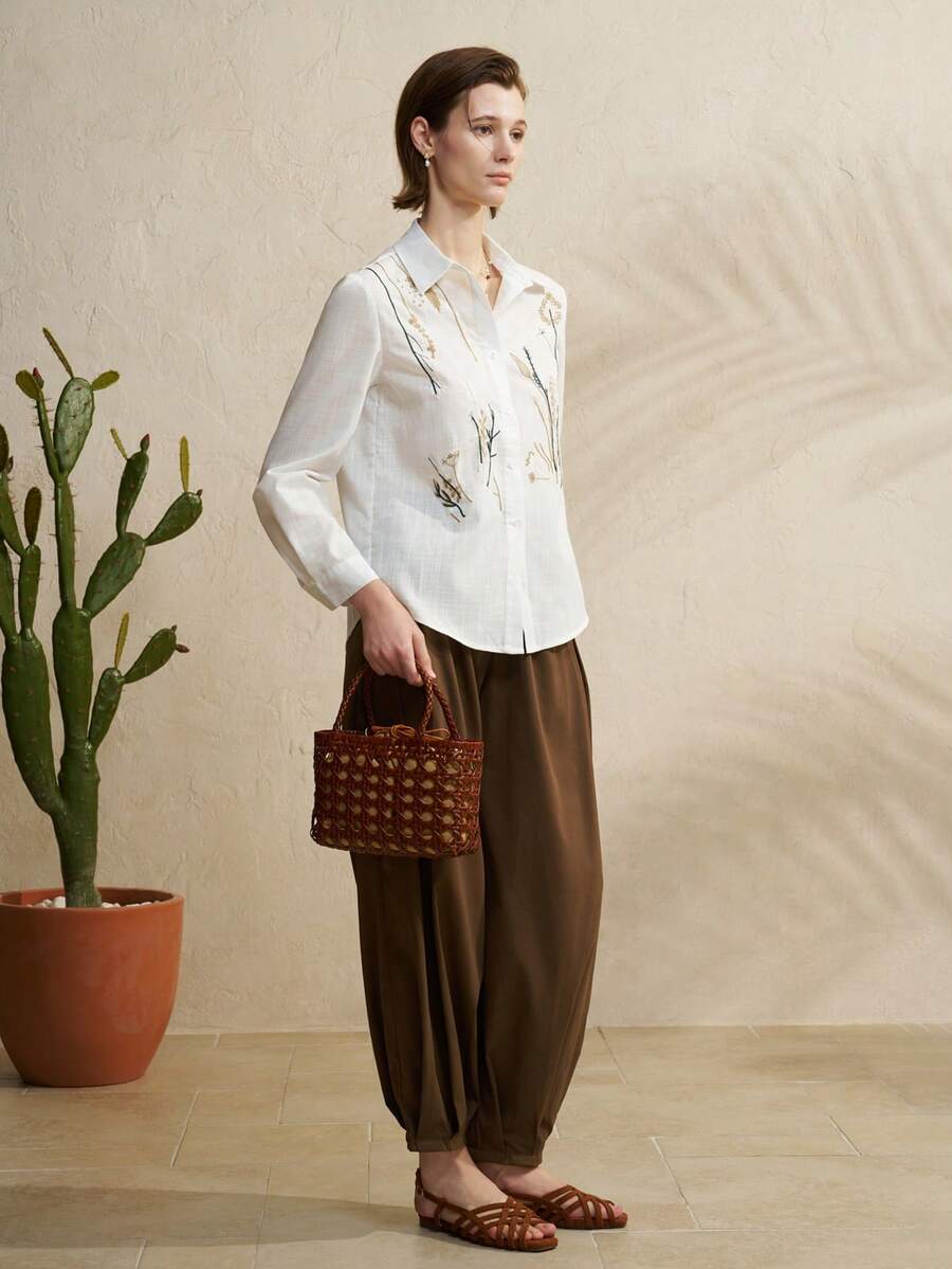 Airaco Women's Casual Plant Embroidery Shirt, Spring/Autumn - White - View 1