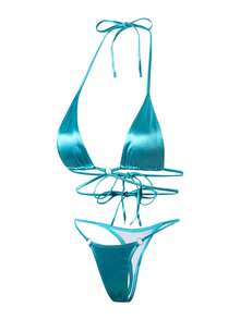 Swim SXY 2件套吊带露背缎面面料高端比基尼套装（含丁字裤） - 藍色 - 查看 4