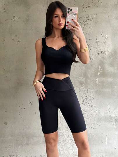 Firerie Women's Elegant Casual Everyday Office Wear Leggings, Black Waist Pleated Design Slim Fit Shorts Leggings, Fashionable & Versatile, New Spring/Summer Ladies Leggings, Suitable For Vacation, Outdoor