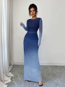 Rafferiza 女士透视网纱长袖渐变褶皱修身连衣裙，休闲日常沙滩装、居家服、办公服 - 藏蓝色 - 查看 4