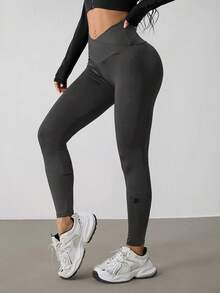 SHEIN PETITE Women's Solid Color V-Waist Slim Fit Casual Pants - Dark Grey - View 5