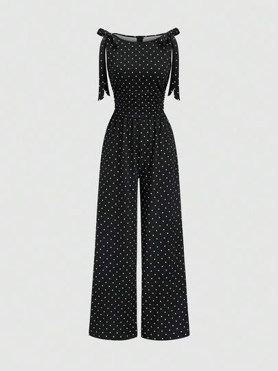 Sweetra Damnytt vintage elegant minimalistiskt mode mångsidig stickad prickig fluga rynkad midja bantande vida ben rak svart jumpsuit, lämplig för pendling, dagliga utflykter, differentierad semester casual klädsel