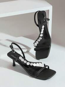 SHUZIA Women's Sexy Metal Chain Kitten Heeled Sandals Valentine's Day - Black - View 6