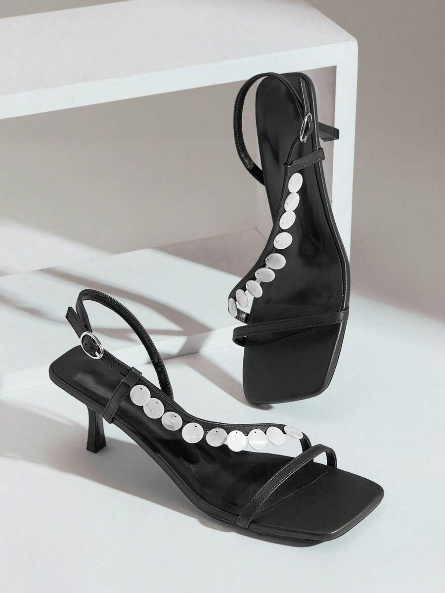 SHUZIA 女士性感金属链条小猫跟凉鞋 - 黑色 - 查看 1