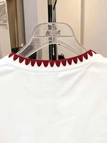 少女休闲日常通勤樱桃字母印花撞色包边短袖T恤，夏季