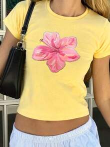 2026 Women's Crew Neck Floral Print Fitted T-Shirt - Yellow - View 2