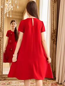 SHEIN Tween Girl Elegant Red Floral Summer Party Dress, Fashionable Round Neck Short Sleeve Red Dress With Flowers For Tween Girl, Party Wear Dress - Burgundy - View 9