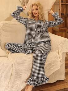 Lullawish Bohemian Style Printed Cotton Woven Lantern Sleeve Women Pajama Set - Black and White - View 6