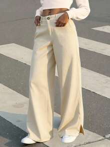 EMERY ROSE Plus Size Corduroy Pants With Slit Hem Design - Beige - View 1