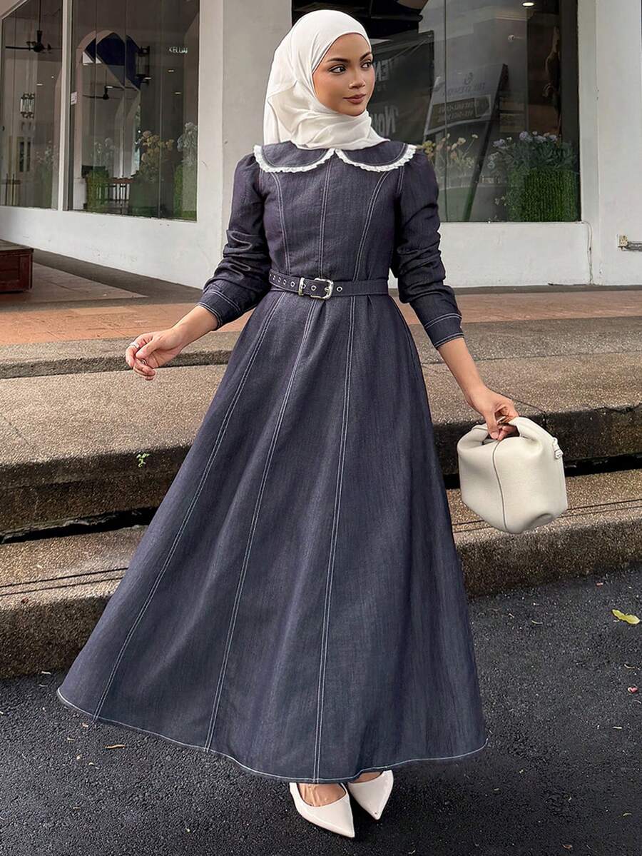 DAZY 女士休闲撞色蕾丝边腰带中长连衣裙，春夏长款连衣裙 - 藍色 - 查看 1