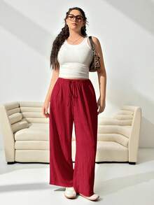 SHEIN EZwear 女士加大码宽松红色梭织裤 - 紅色 - 查看 3
