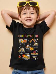 幼儿男童休闲创意挖掘机和卡车图案字母印花短袖T恤，舒适百搭，适合春、夏、秋季穿着。 - 黑色 - 查看 6