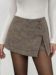 SHEIN Tall Szorty/mini spódnica z wysokiej talii z brązowej, wełnianej tkaniny w pepitkę w stylu vintage, kolor Maillarda, spodnie biznesowe, codzienne, odpowiednie na czas wolny, dojazdy do pracy, do biura, na imprezę, uniwersalne na jesień/zimę i wiosnę/lato - Brązowy - Zobacz 6