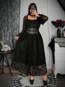 SHEIN Whyspr 大码暗黑哥特风方领收腰A字蕾丝连衣裙 - 黑色 - 查看 6