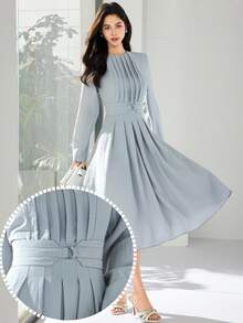 Heiryn 女士纯色圆领褶裥设计优雅中长连衣裙 - 藍色 - 查看 1