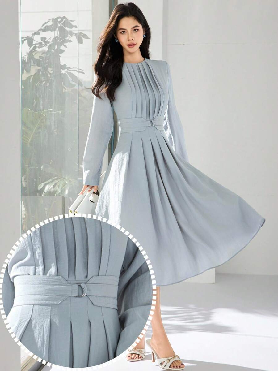 Heiryn 女士纯色圆领褶裥设计优雅中长连衣裙 - 藍色 - 查看 1