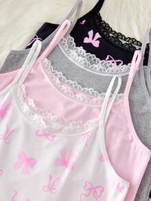 4pcs Girls Minimalist Multi-Color Bow Print Lace Front Soft & Comfortable Everyday Basic Camisole Undershirt Set - Multicolor - View 3