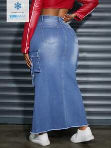 Jeanoix Rok Denim Stretch Pas Badan Kasual Ukuran Besar dengan Warna Washed - Light Wash - View 2