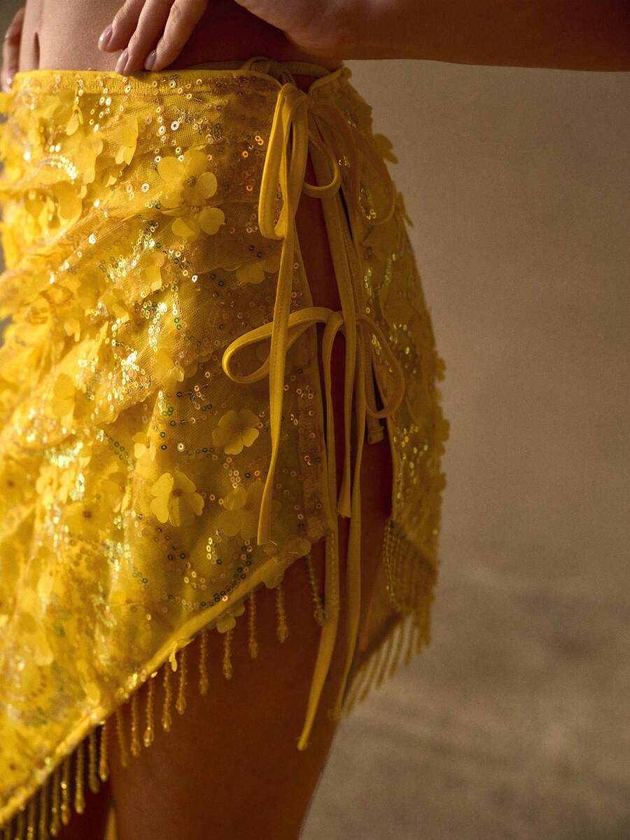 MOTF PREMIUM SEQUIN EMBROIDERED FLORAL APPLIQUES TASSEL TIE WAIST BOHEMIAN SARONG SKIRT - Yellow - View 2