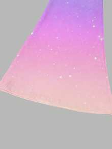 一套女童休闲可爱卡通渐变彩色韩流女孩印花短袖T恤和喇叭裤套装，适合夏季户外穿着 - 彩色 - 查看 4