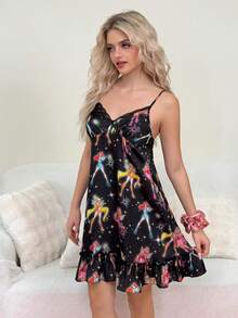 The Winx x SHEIN Camisón de dormir con figura de dibujos animados, encaje y parches para mujer - Negro - Ver 5